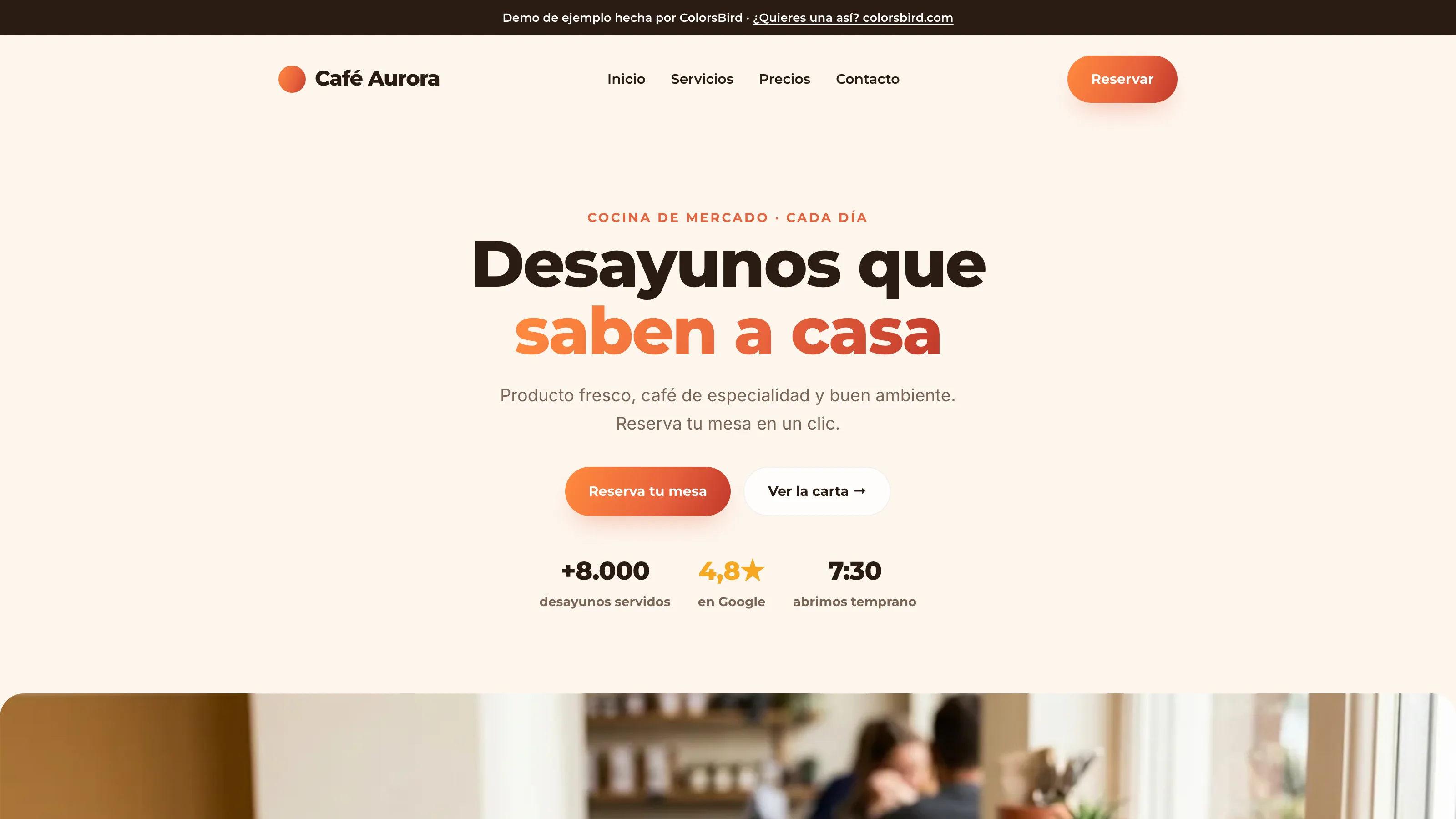 Ejemplo de landing page para una cafetería hecha por ColorsBird